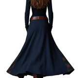 Navy Plaid Paneled Vintage Suede Maxi Dress(with belt)