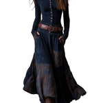 Navy Plaid Paneled Vintage Suede Maxi Dress(with belt)
