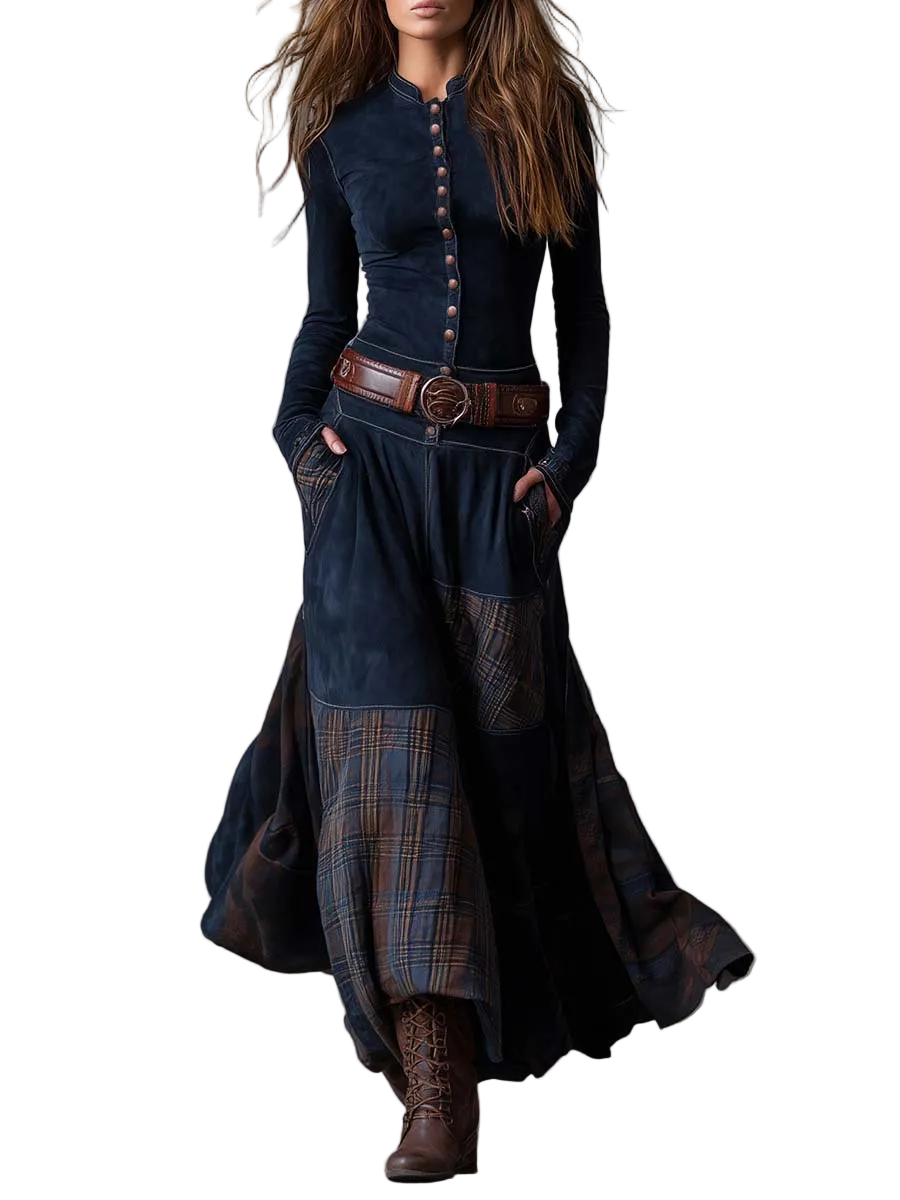 Navy Plaid Paneled Vintage Suede Maxi Dress(with belt)