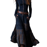 Navy Plaid Paneled Vintage Suede Maxi Dress(with belt)