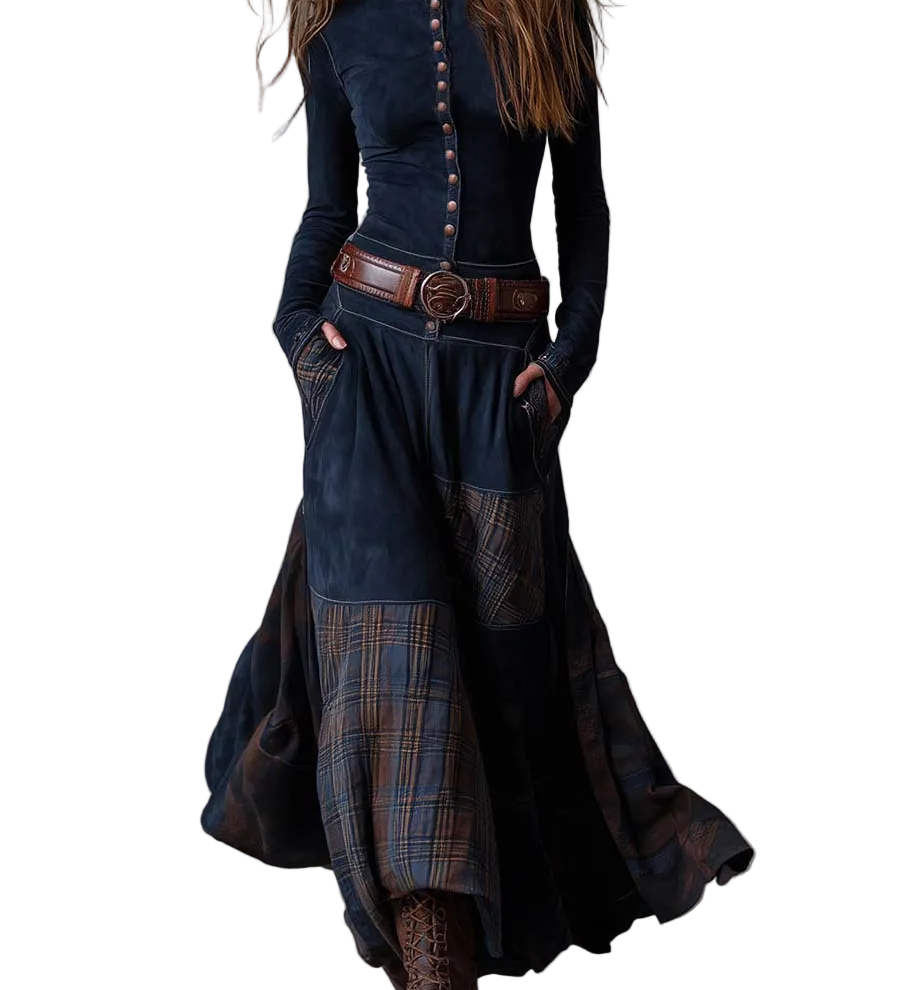 Navy Plaid Paneled Vintage Suede Maxi Dress(with belt)