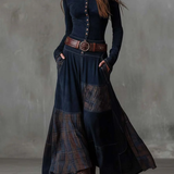 Navy Plaid Paneled Vintage Suede Maxi Dress(with belt)
