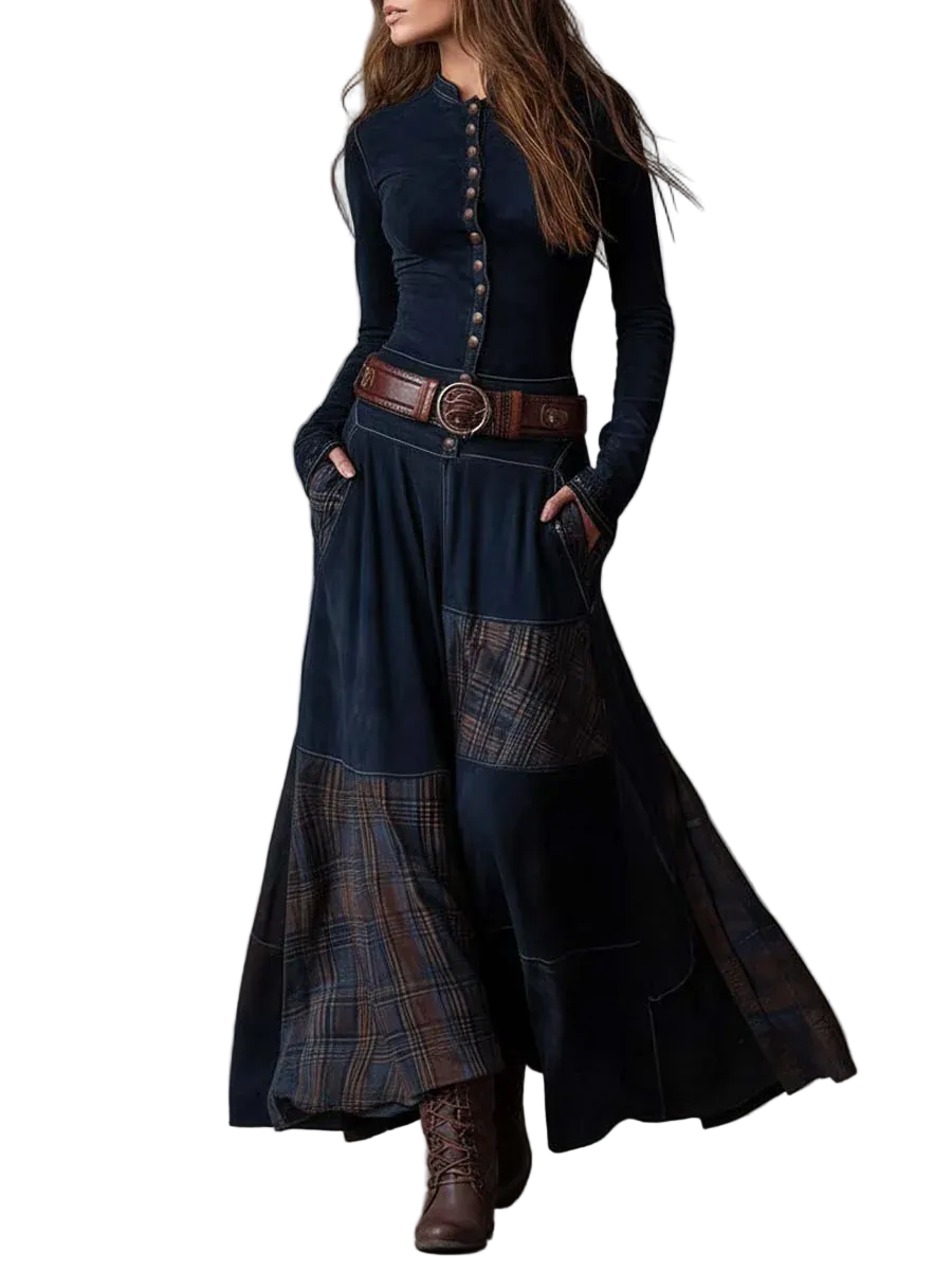 Navy Plaid Paneled Vintage Suede Maxi Dress(with belt)