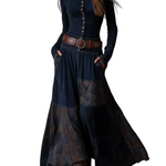 Navy Plaid Paneled Vintage Suede Maxi Dress(with belt)