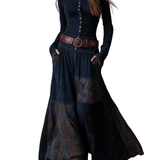 Navy Plaid Paneled Vintage Suede Maxi Dress(with belt)
