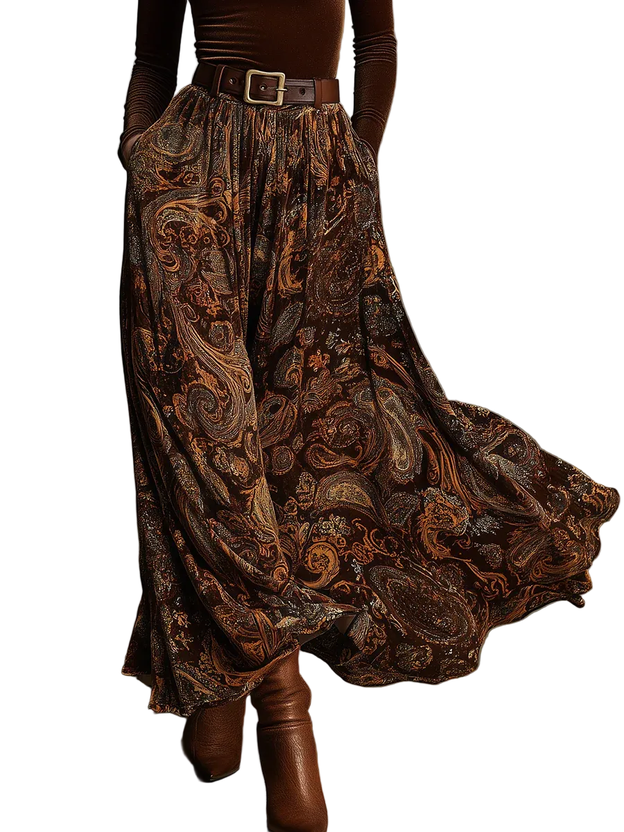 Vintage Stretch Velvet Top and Paisley Print Maxi Skirt Set(with belt)