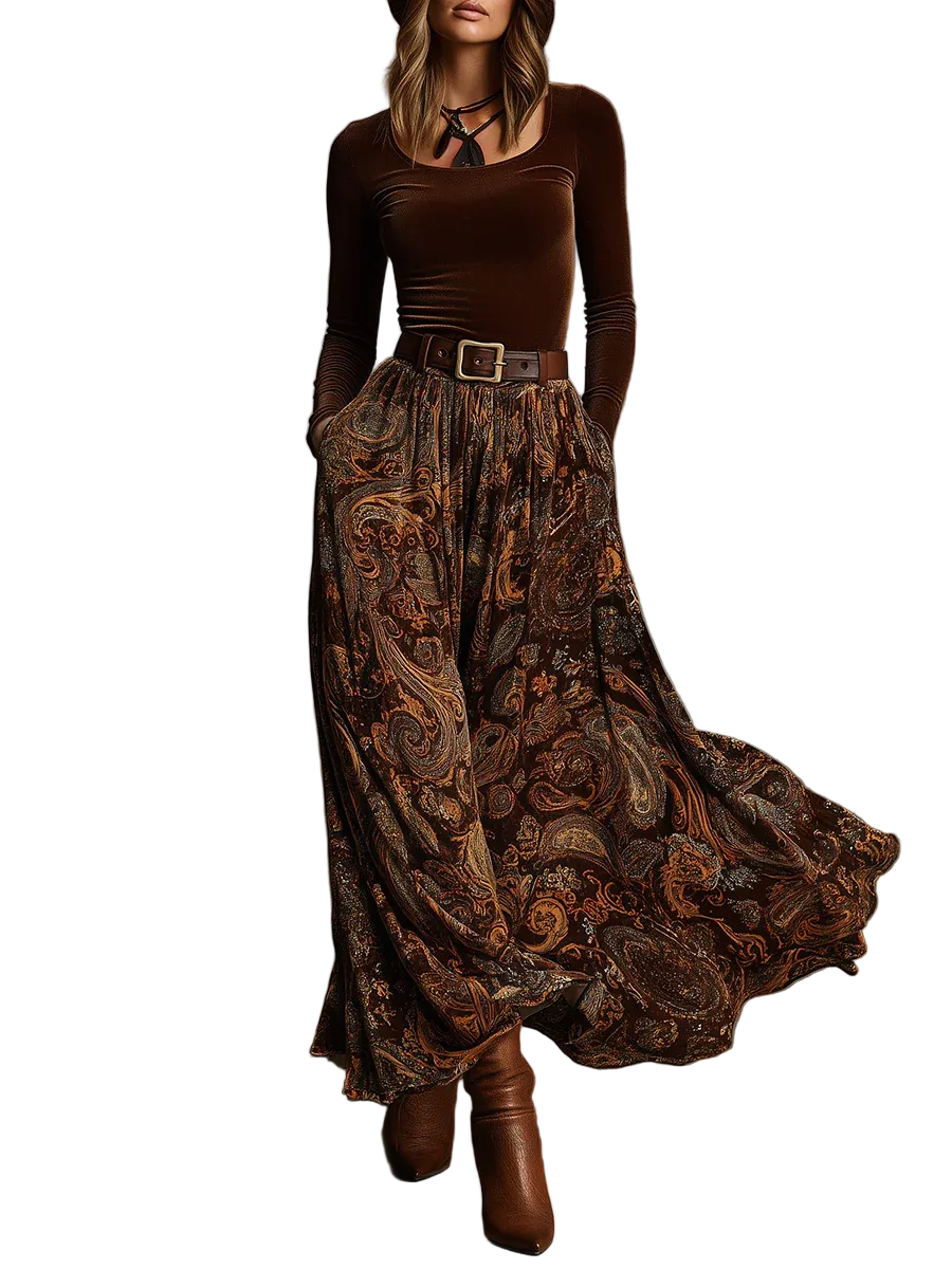 Vintage Stretch Velvet Top and Paisley Print Maxi Skirt Set(with belt)