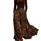 Vintage Stretch Velvet Top and Paisley Print Maxi Skirt Set(with belt)