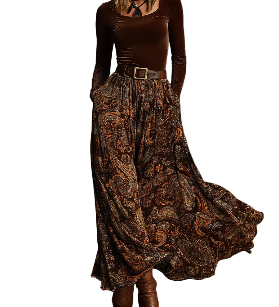 Vintage Stretch Velvet Top and Paisley Print Maxi Skirt Set(with belt)