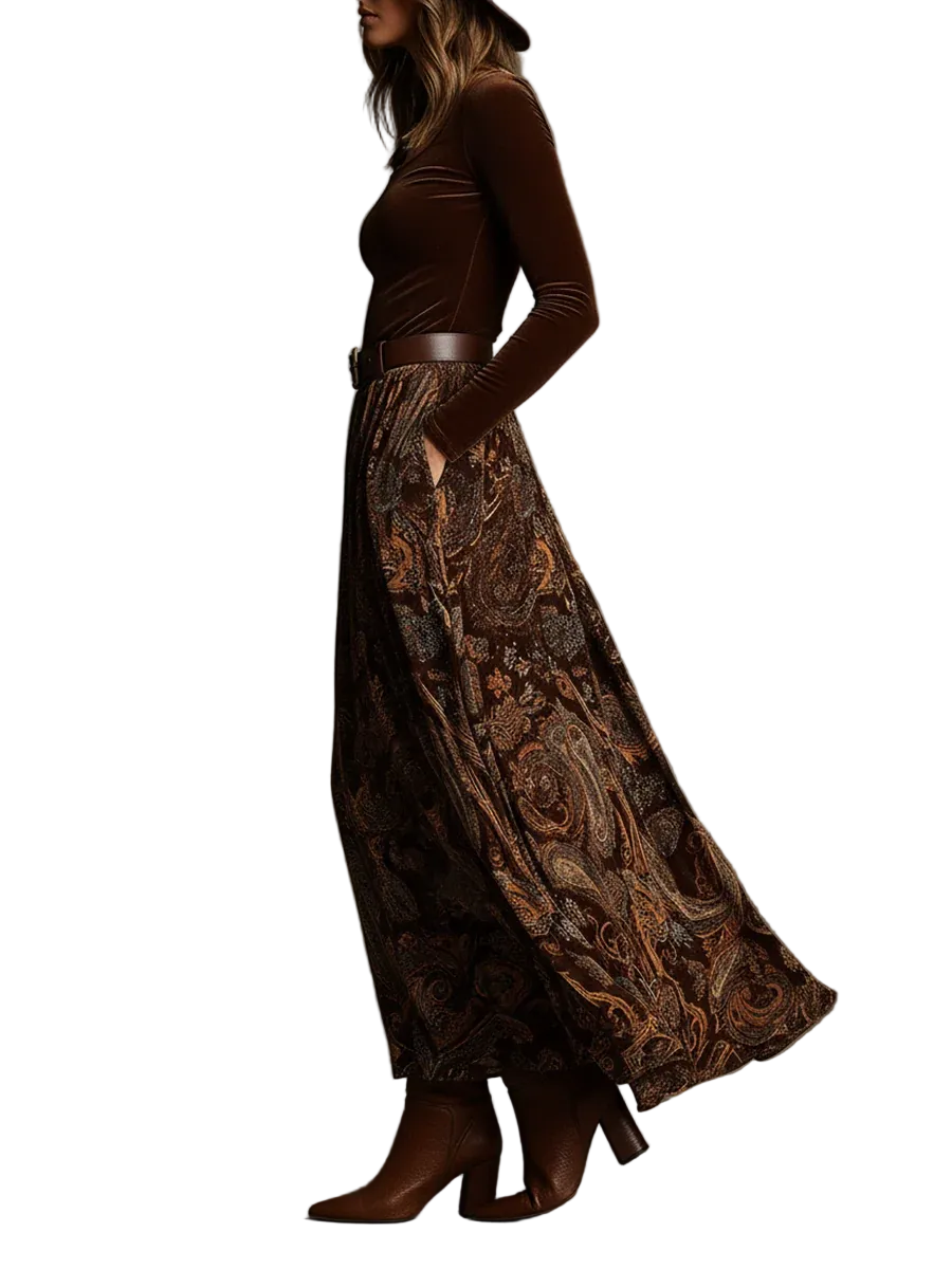 Vintage Stretch Velvet Top and Paisley Print Maxi Skirt Set(with belt)