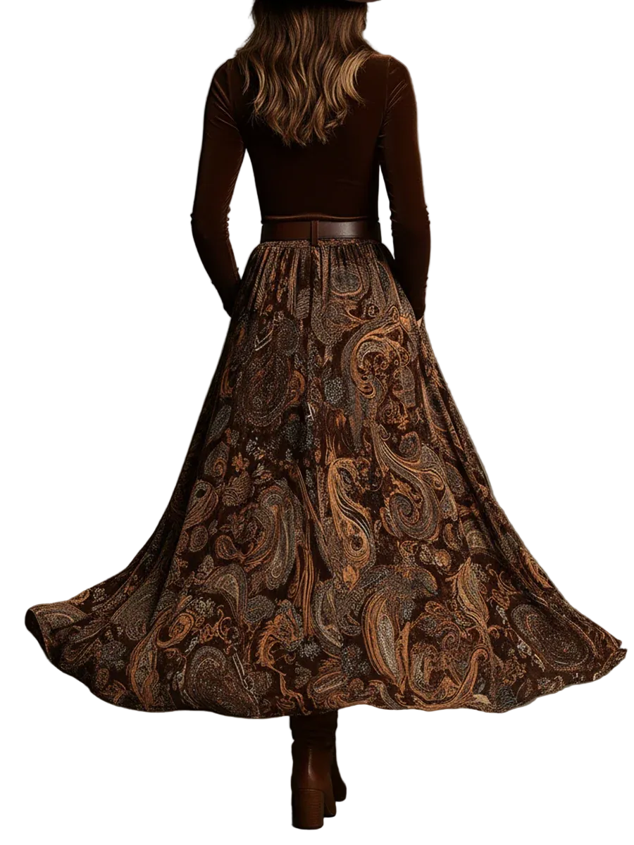 Vintage Stretch Velvet Top and Paisley Print Maxi Skirt Set(with belt)