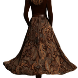 Vintage Stretch Velvet Top and Paisley Print Maxi Skirt Set(with belt)