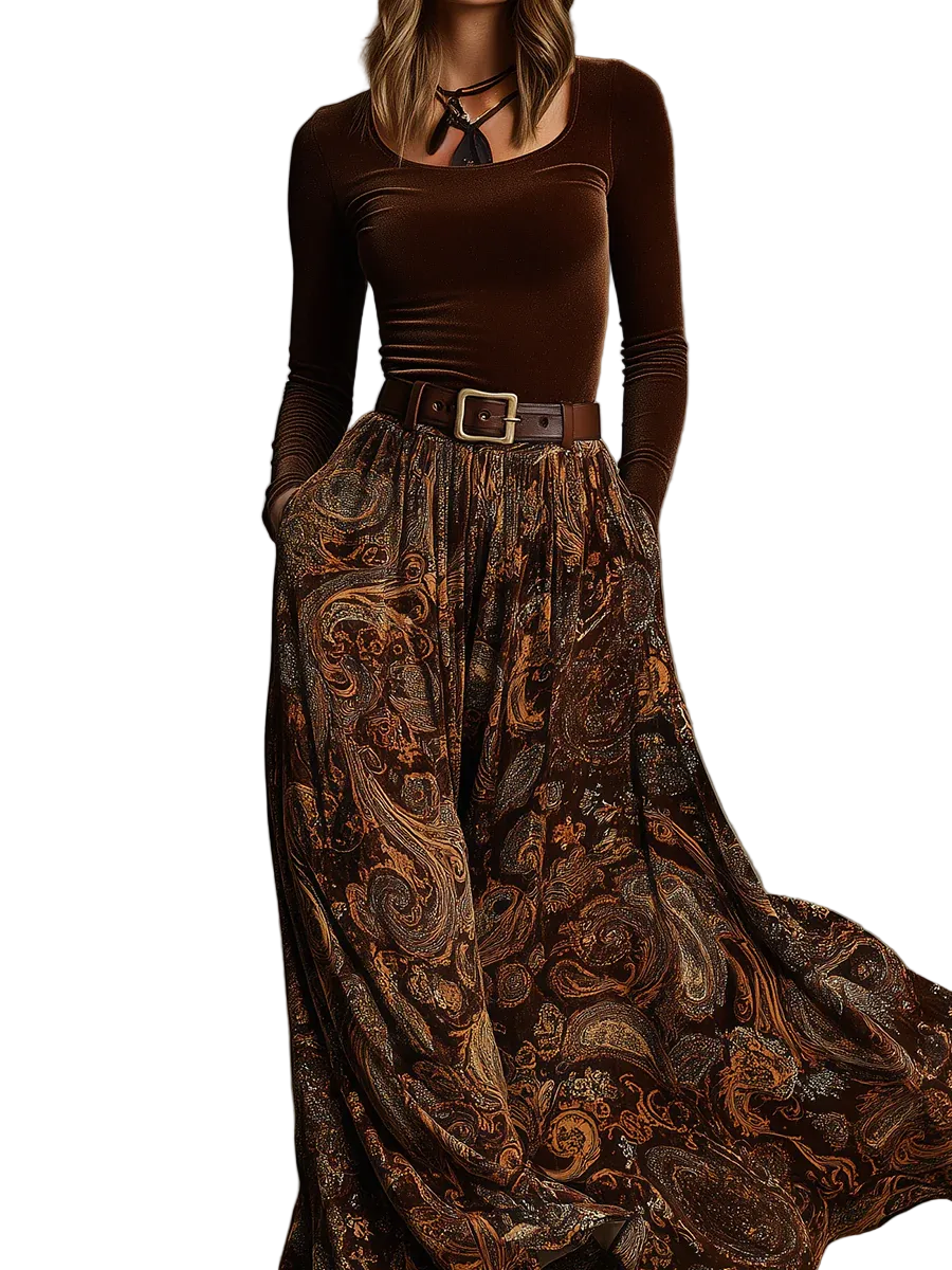 Vintage Stretch Velvet Top and Paisley Print Maxi Skirt Set(with belt)
