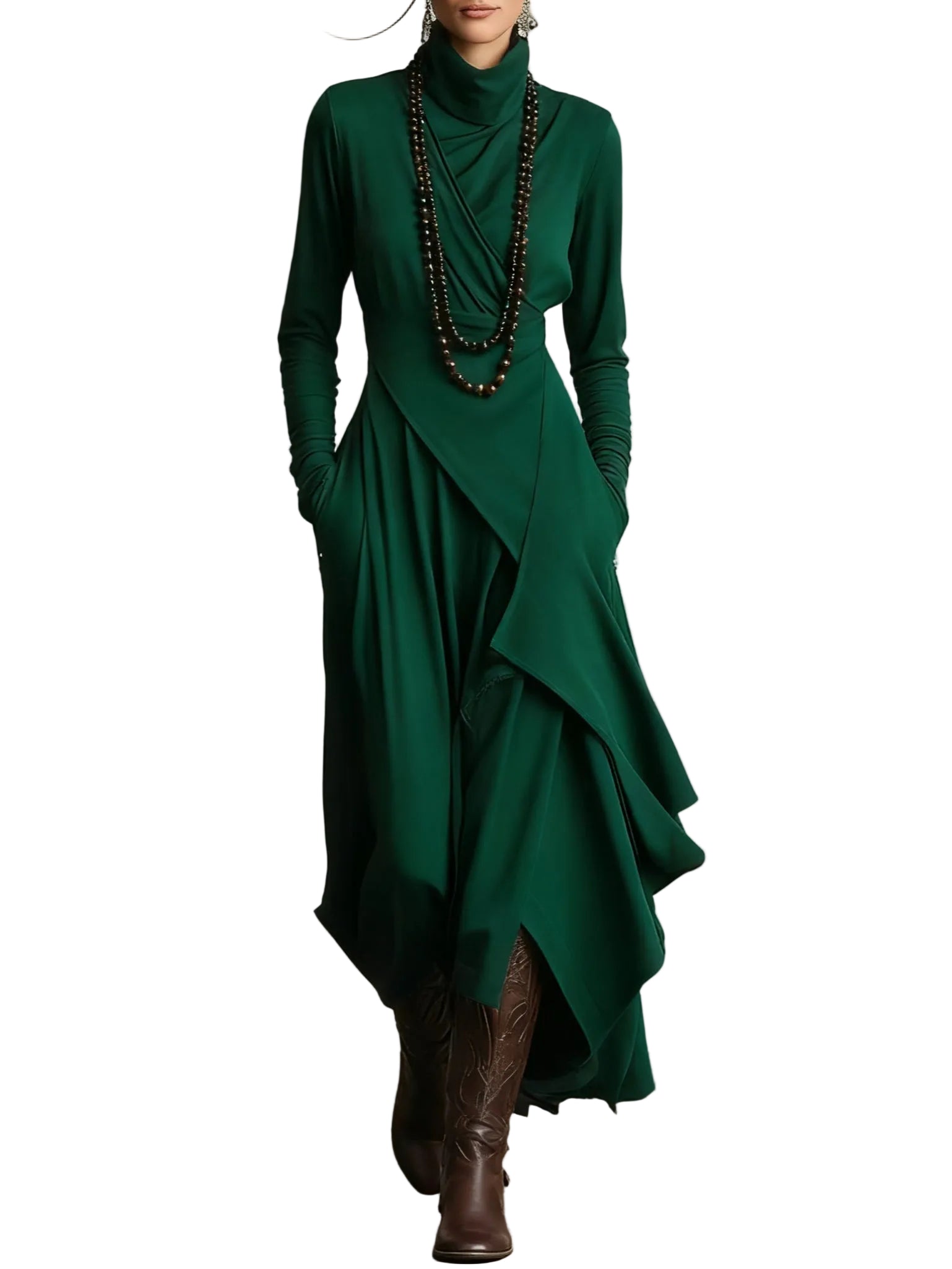 Purple High-neck Asymmetrical Pleated Maxi Dress（Necklace not included）