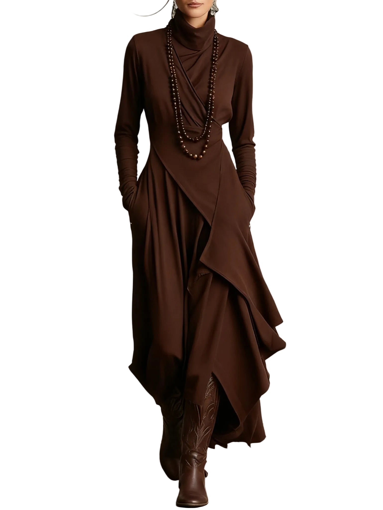 Purple High-neck Asymmetrical Pleated Maxi Dress（Necklace not included）
