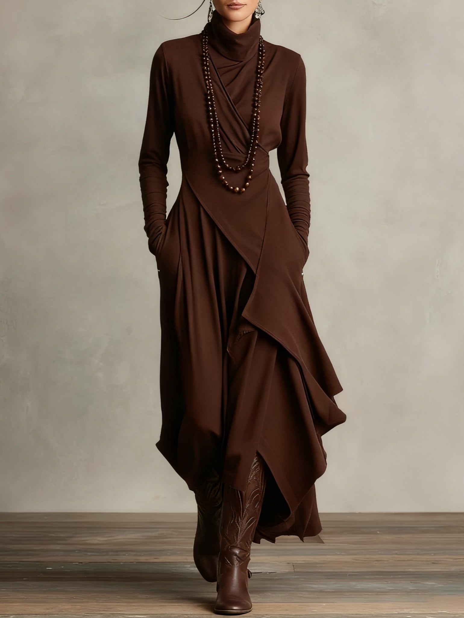 Purple High-neck Asymmetrical Pleated Maxi Dress（Necklace not included）