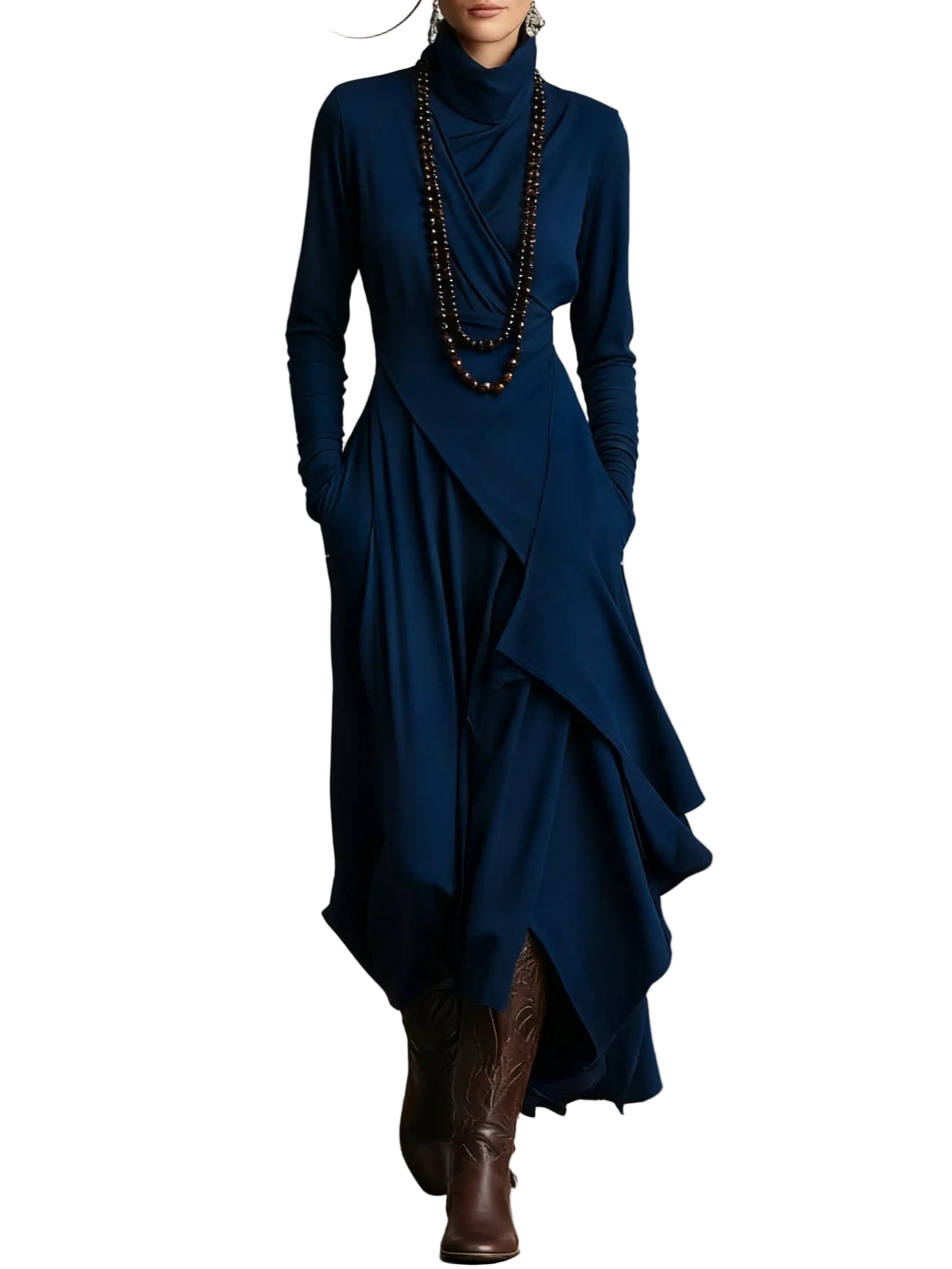 Purple High-neck Asymmetrical Pleated Maxi Dress（Necklace not included）