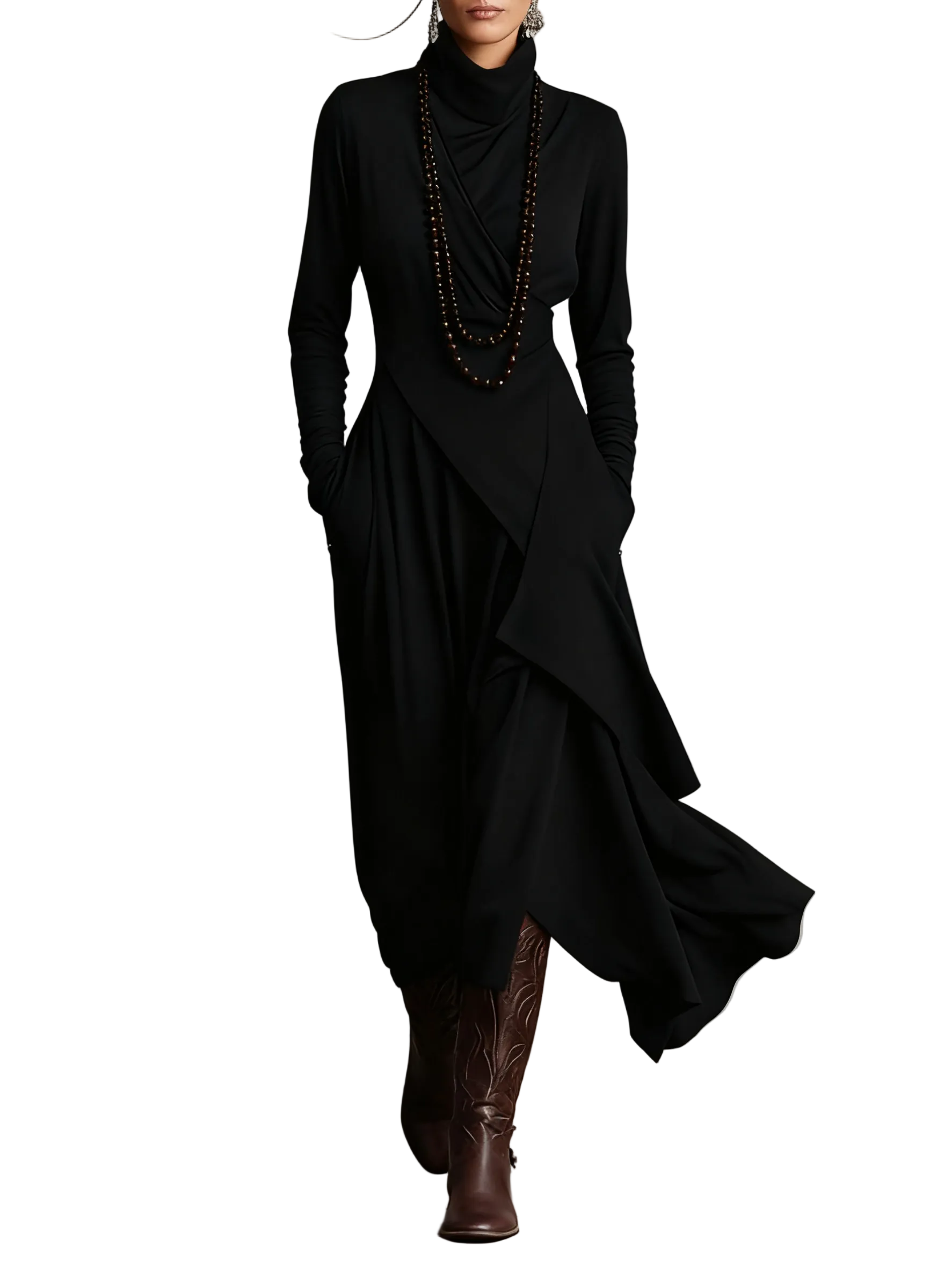 Purple High-neck Asymmetrical Pleated Maxi Dress（Necklace not included）