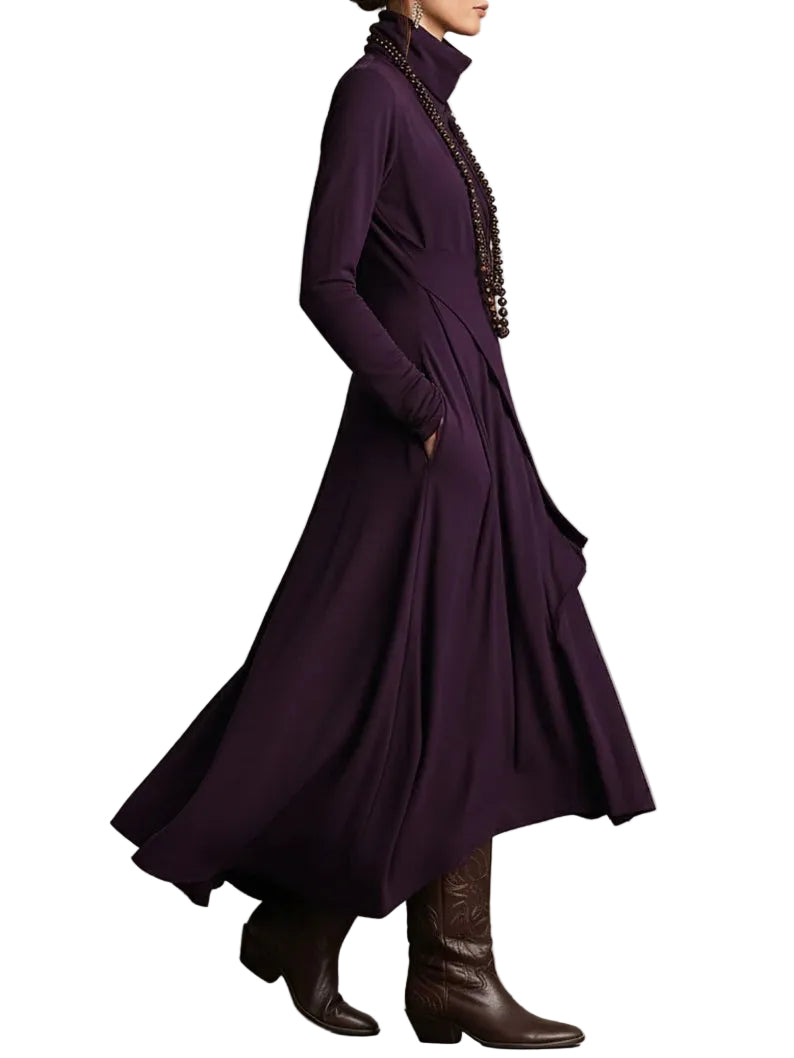 Purple High-neck Asymmetrical Pleated Maxi Dress（Necklace not included）