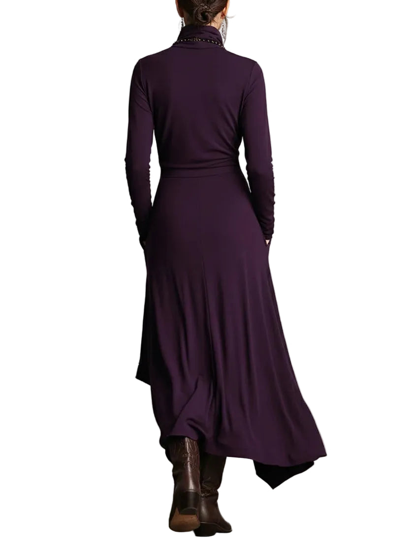 Purple High-neck Asymmetrical Pleated Maxi Dress（Necklace not included）