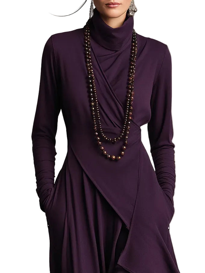 Purple High-neck Asymmetrical Pleated Maxi Dress（Necklace not included）