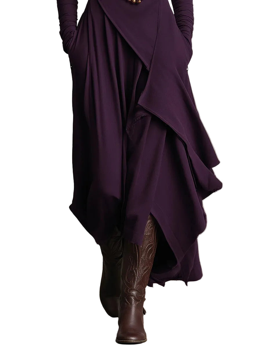 Purple High-neck Asymmetrical Pleated Maxi Dress（Necklace not included）
