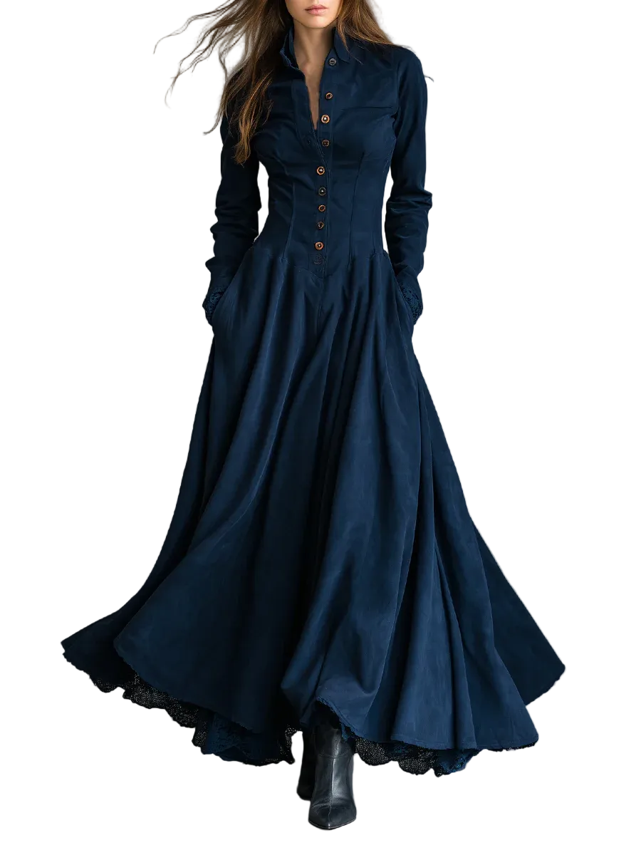 Gothic Dark Blue Faux Suede Lace-trimmed Shirt Collar Maxi Dress