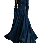 Gothic Dark Blue Faux Suede Lace-trimmed Shirt Collar Maxi Dress
