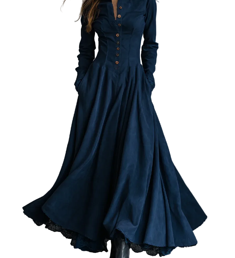 Gothic Dark Blue Faux Suede Lace-trimmed Shirt Collar Maxi Dress