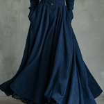 Gothic Dark Blue Faux Suede Lace-trimmed Shirt Collar Maxi Dress