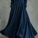 Gothic Dark Blue Faux Suede Lace-trimmed Shirt Collar Maxi Dress