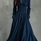 Gothic Dark Blue Faux Suede Lace-trimmed Shirt Collar Maxi Dress