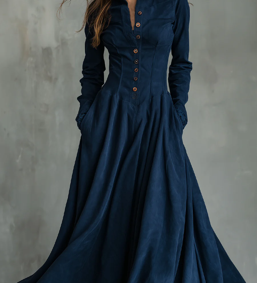 Gothic Dark Blue Faux Suede Lace-trimmed Shirt Collar Maxi Dress