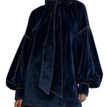 Dark Blue Velvet Bow Lantern Sleeve Mini Dress