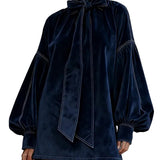 Dark Blue Velvet Bow Lantern Sleeve Mini Dress