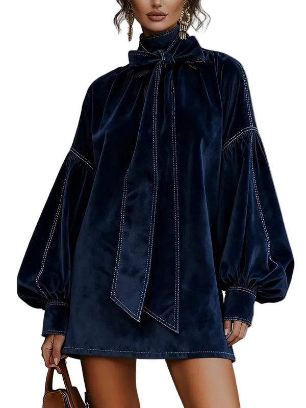 Dark Blue Velvet Bow Lantern Sleeve Mini Dress