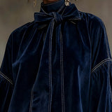 Dark Blue Velvet Bow Lantern Sleeve Mini Dress