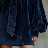 Dark Blue Velvet Bow Lantern Sleeve Mini Dress