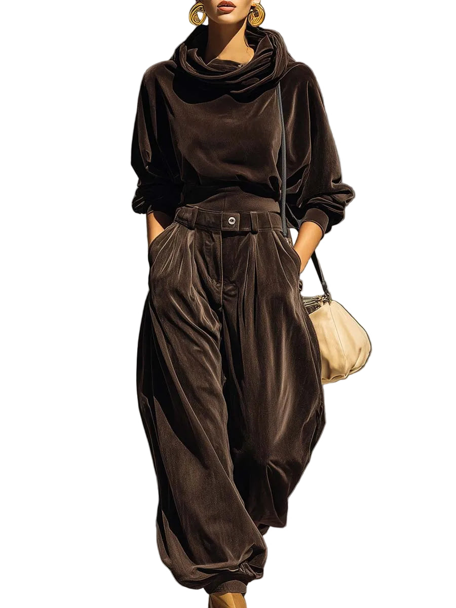 Vintage brown velvet hoodie and loose-fitting trousers set（Includes belt）