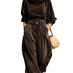Vintage brown velvet hoodie and loose-fitting trousers set（Includes belt）