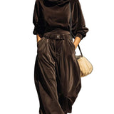 Vintage brown velvet hoodie and loose-fitting trousers set（Includes belt）