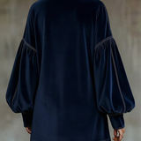 Dark Blue Velvet Bow Lantern Sleeve Mini Dress