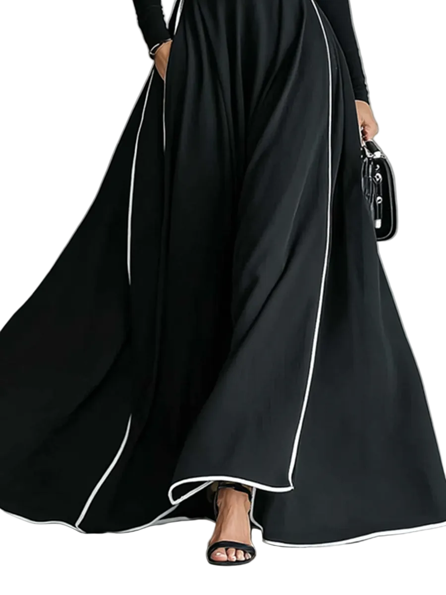 Women's Black Stitching White Trim High Collar Long Sleeve Tight Belt Maxi Dress MDA1031G0Y