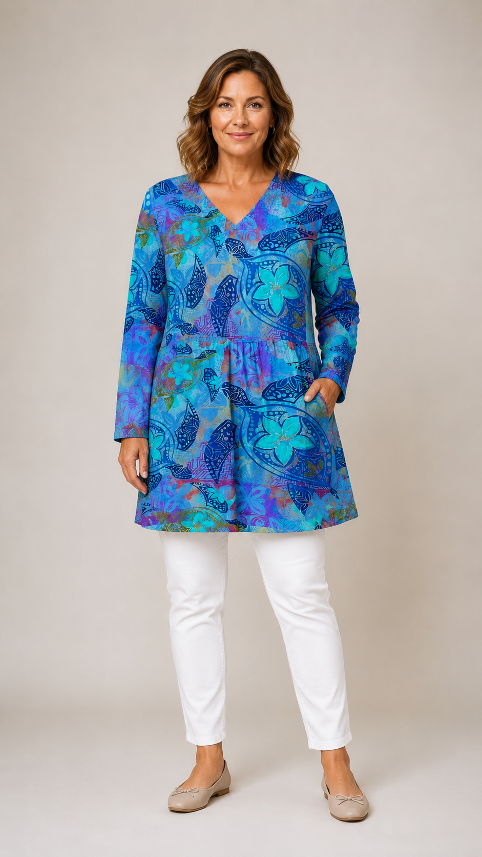 BLUE LONG BLOUSE WITH V-NECK 1