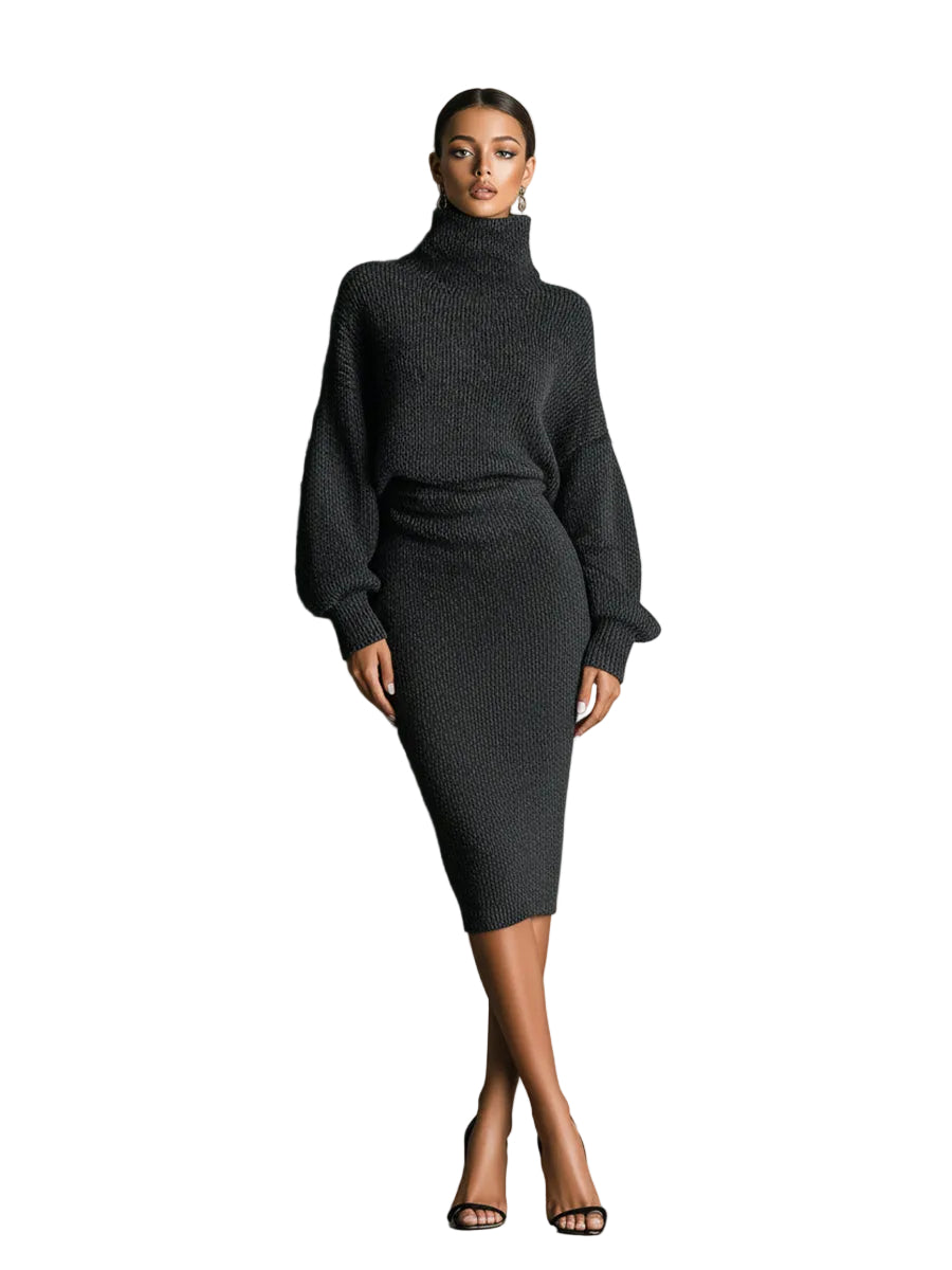 Women's Charcoal Chic Knit Turtleneck Oversized Knit Midi Dress MDA1624J6I