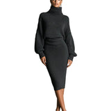 Women's Charcoal Chic Knit Turtleneck Oversized Knit Midi Dress MDA1624J6I