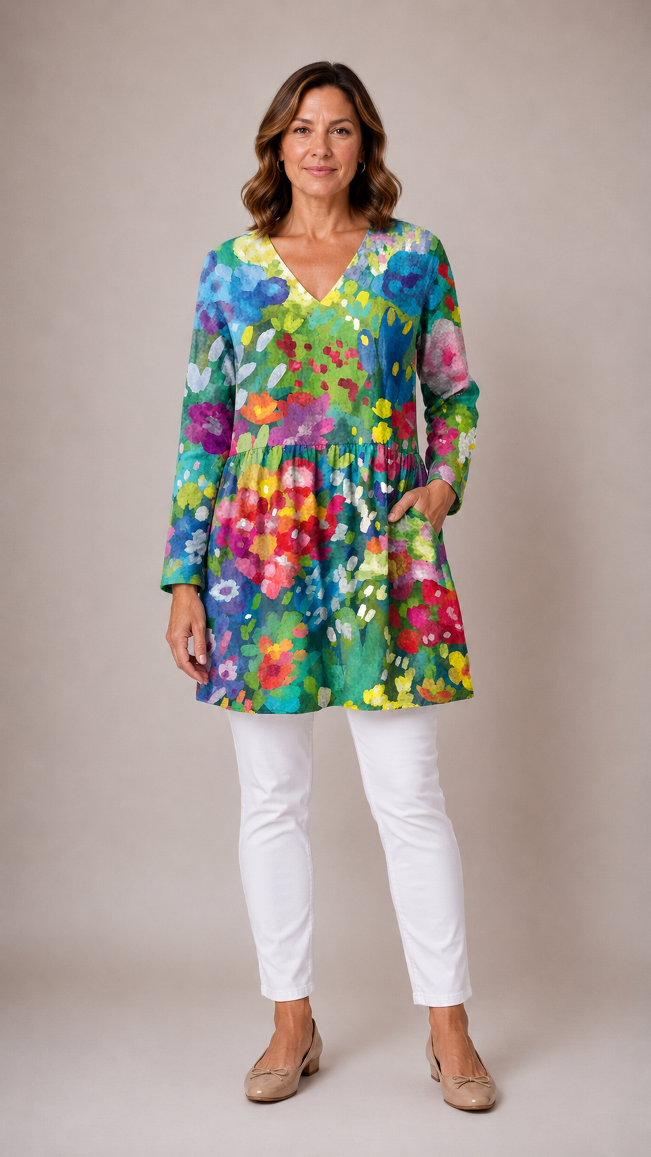 MULTICOLOUR LONG BLOUSE WITH V-NECK 7