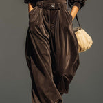 Vintage brown velvet hoodie and loose-fitting trousers set（Includes belt）