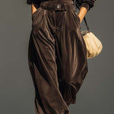 Vintage brown velvet hoodie and loose-fitting trousers set（Includes belt）