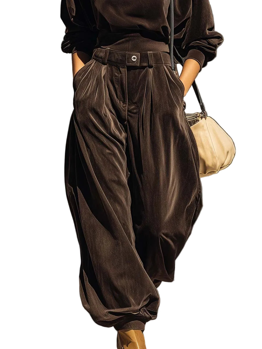 Vintage brown velvet hoodie and loose-fitting trousers set（Includes belt）